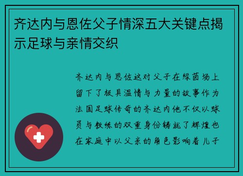齐达内与恩佐父子情深五大关键点揭示足球与亲情交织