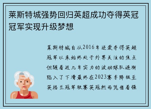 莱斯特城强势回归英超成功夺得英冠冠军实现升级梦想 莱斯特城强势回归英超成功夺得英冠冠军实现升级梦想